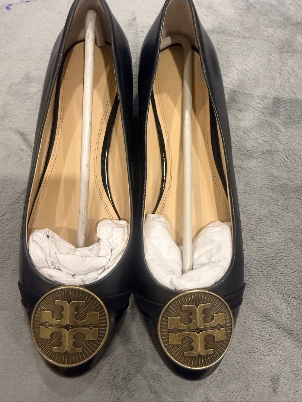 Tory Burch Black Leather Flats with Gold Logo Disc